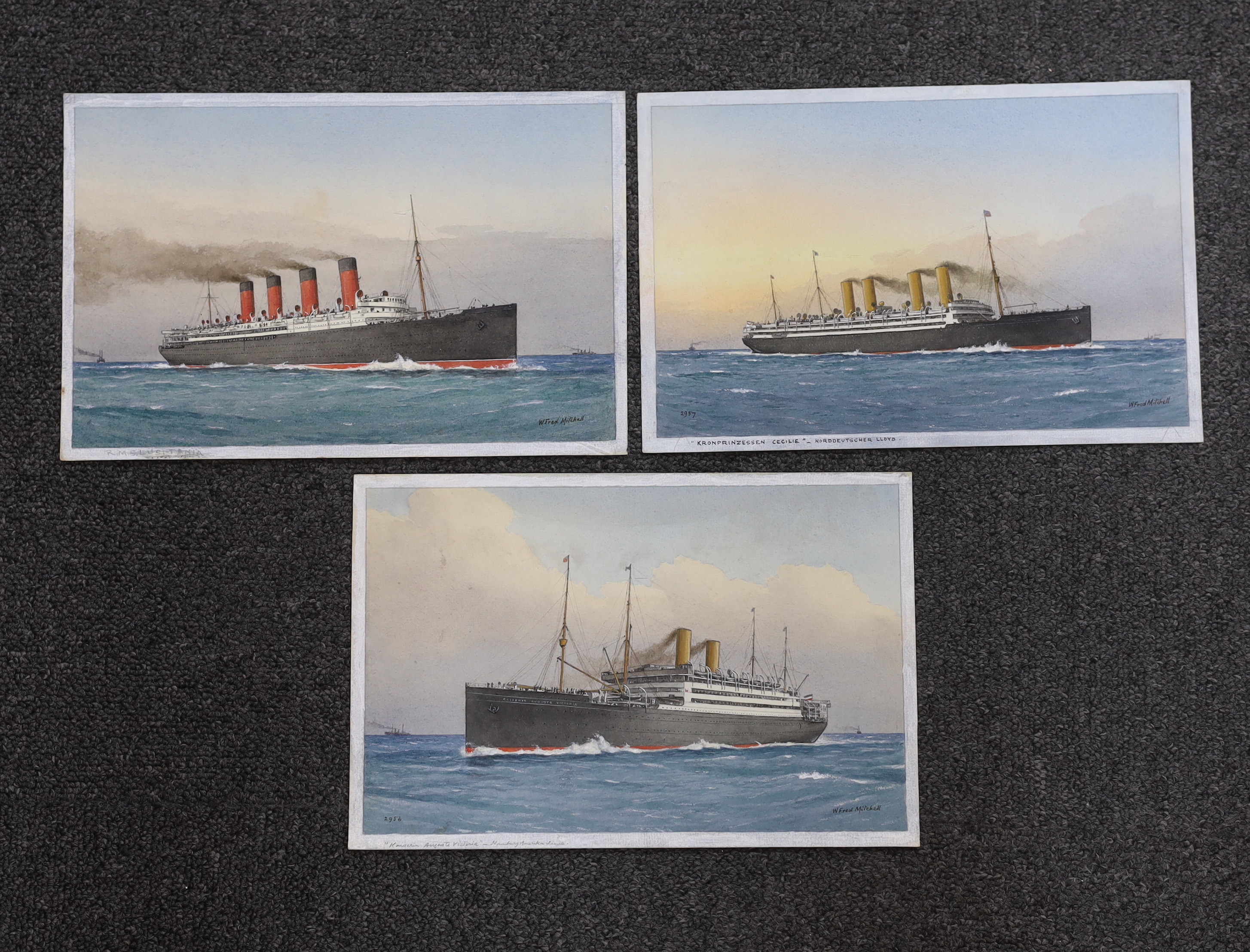 William Frederick Mitchell (1845-1914) set of three watercolours on card, Ocean Liners - Lusitania, Kronprinzessen Cecilie and Kaiserin Auguste Victoria, each signed and inscribed, 26 x 17cm, unframed